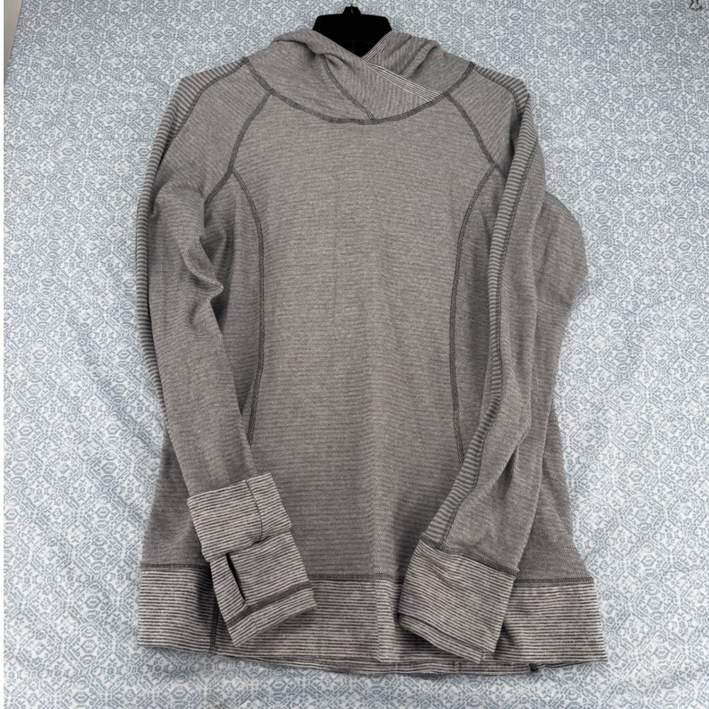 Lululemon Athletica Grey Striped Cowl Neck Hoodie Pullover Thumbholes Size 12